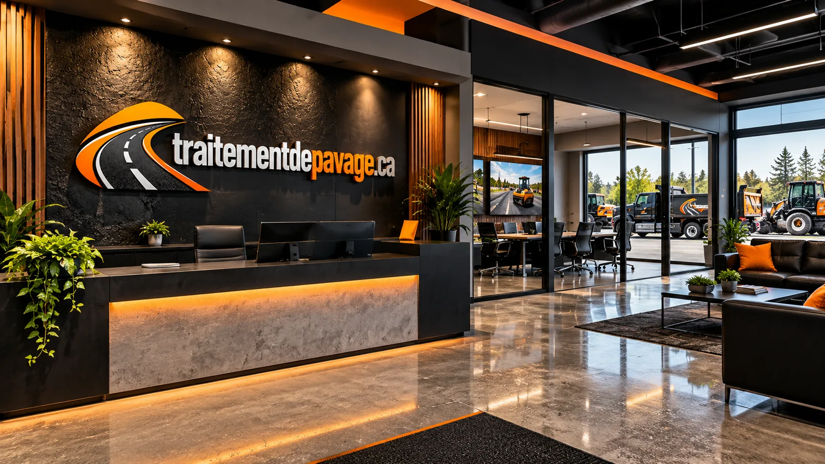 Accueil d'une entreprise de pavage, mur noir et orange, camions et rouleau compacteur visibles par la fenêtre